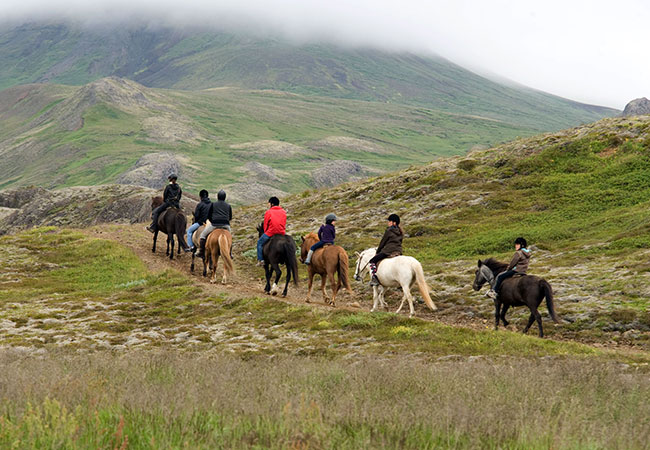 Tour group on horseback travel through the landscape in Reykjavik