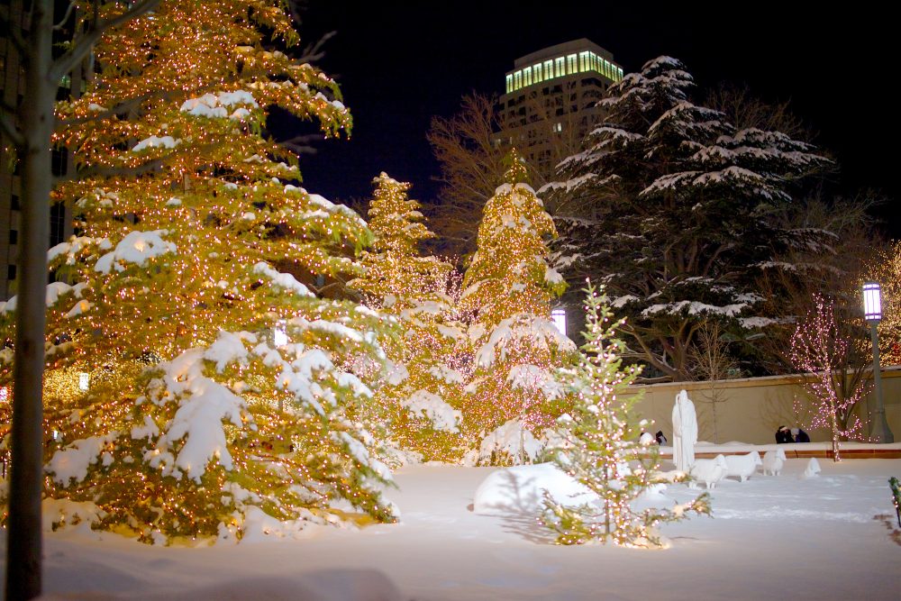 Lit Christmas trees at Salt Lake Temple
