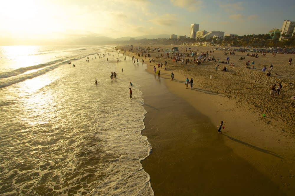 Aerial view of people on a beach in Los Angeles