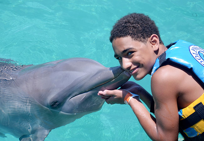 Boy interacts with dolphin on Isla Mujeres of Cancun