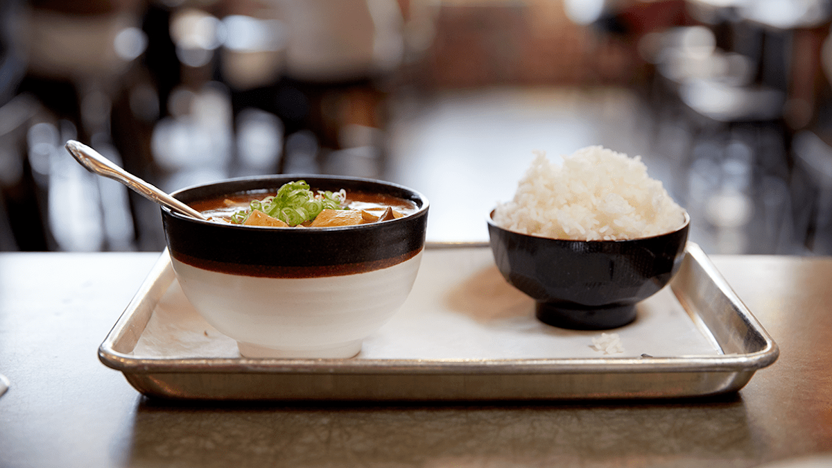 A hot bowl of Taiwanese food with rice, served as a great cheap option for excellent, cheap asian food in Los Angeles, California.