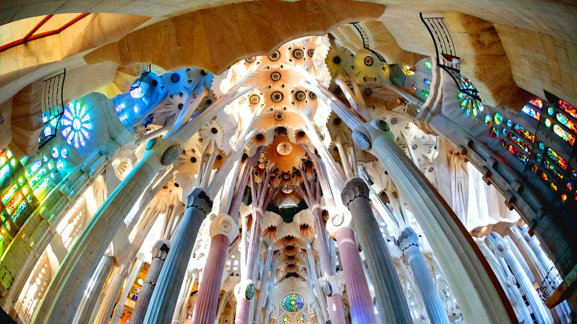 Colorful columns inside La Sagrada Familia in Barcelona