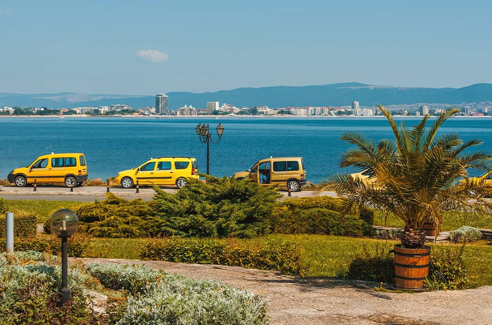 Taxis are lined-up, ready to pick cruise passengers Hire a taxi for your your own cruise excursion