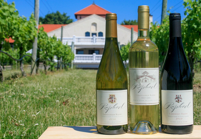 Three bottles of wine on wooden table outdoors with estate building in the distance