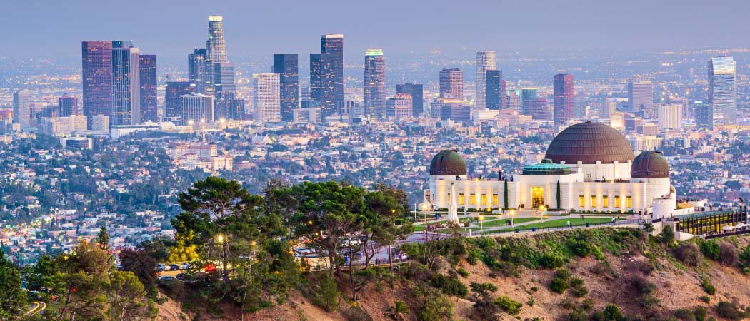 Aerial view of Griffith Observatory with the skyline of Los Angeles in the background