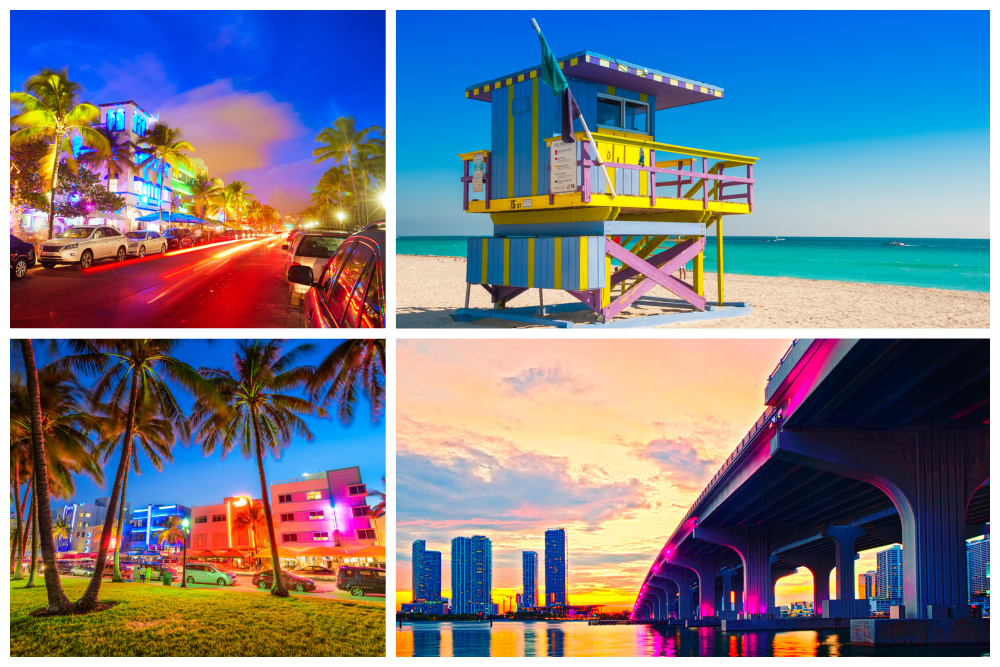 Neon lights at night and colorful lifeguard stands, signifying some of Miami’s most colorful places. 