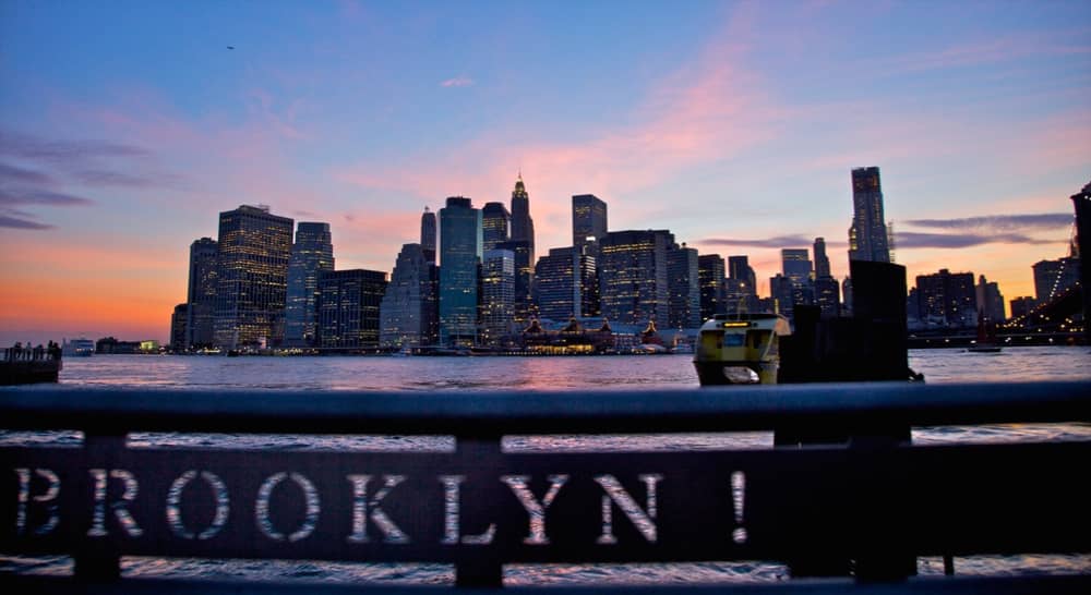 New York City skyline at dusk from Brooklyn Bridge