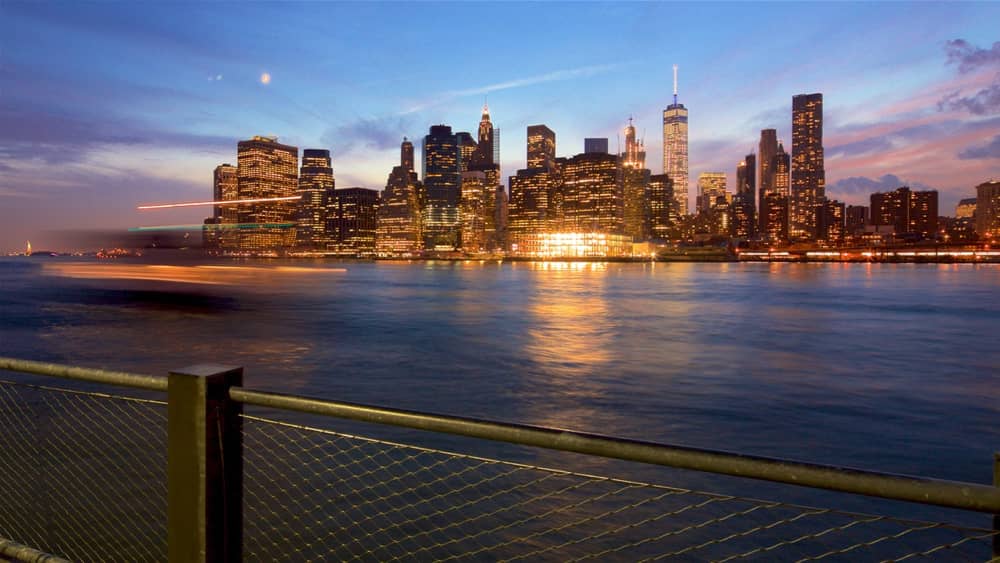 The famous New York City skyline at twilight