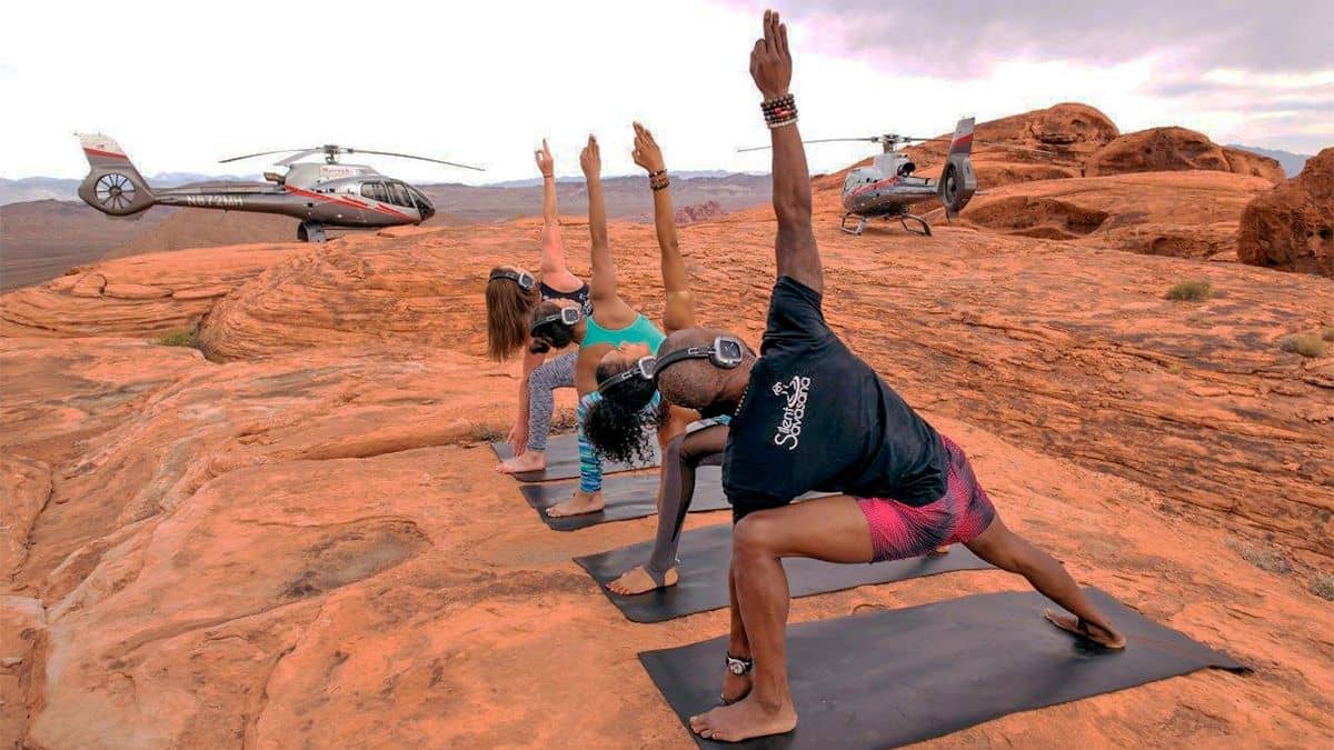 People doing yoga in the Valley of Fire