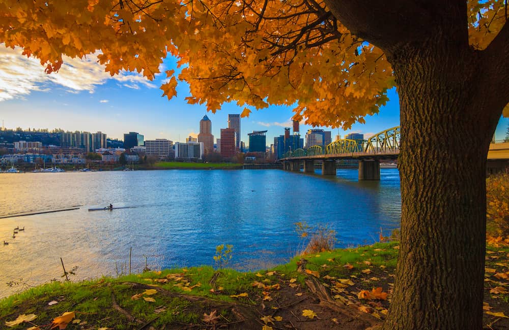 View of Portland, Oregon overlooking the willamette river on a Fall Afternoon. 