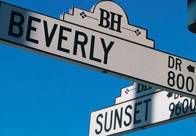 Close up of Beverly and Sunset street sign in Los Angeles
