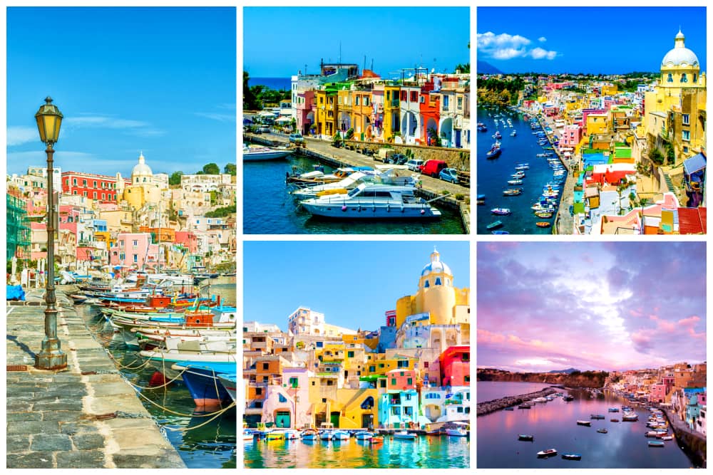 Vibrant-colored houses and buildings along the coastline in Procida, Italy.