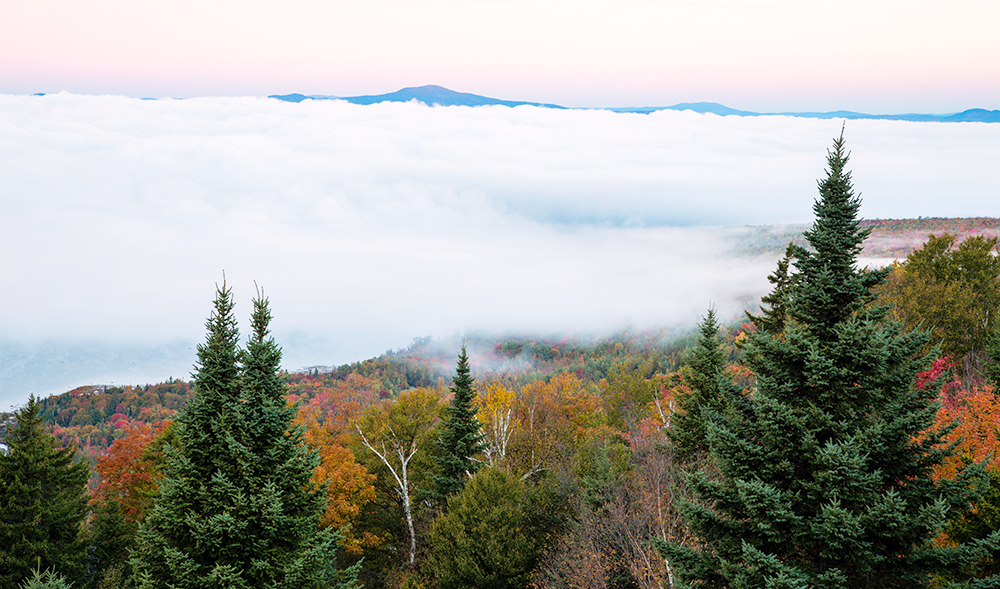 Clouds hover over the tree tops, with mountains in the distance, in Rangeley.