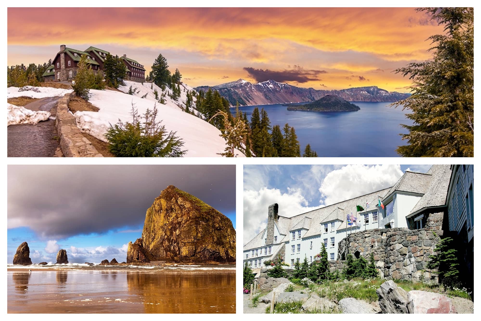 crater lake, haystack rock, timberline lodge