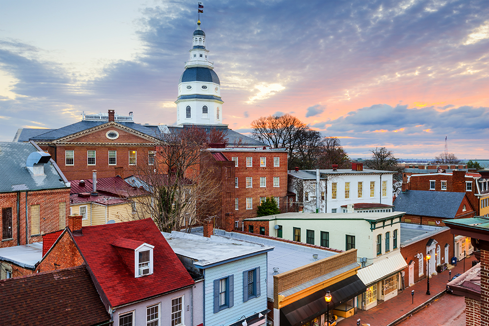 A view from above of the colorful buildings of Annapolis at sunset.