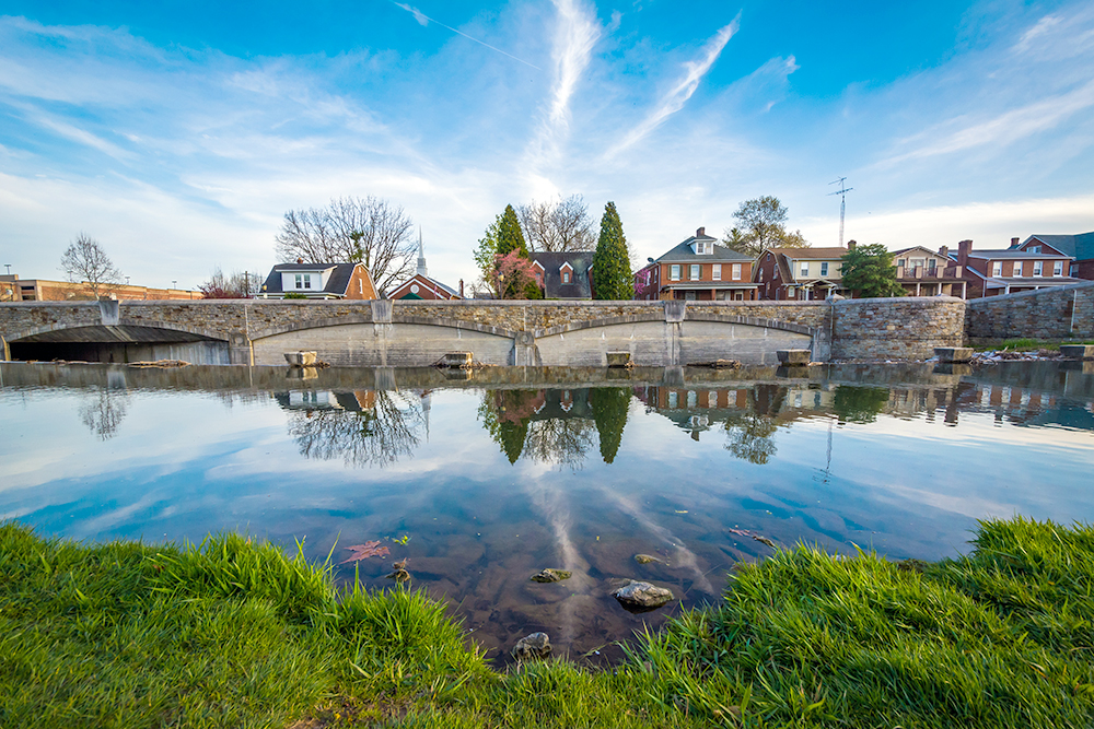 A row of quaint buildings reflected in the water in Frederick.
