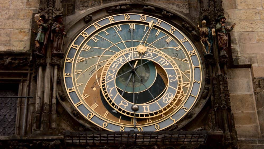 Closeup of clock face of Astronomical Clock Prague