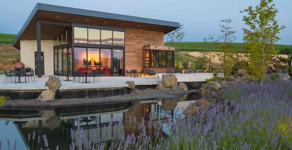 The gorgeous tasting room at sunset at the Saffron Fields Winery Vineyard in Oregon.