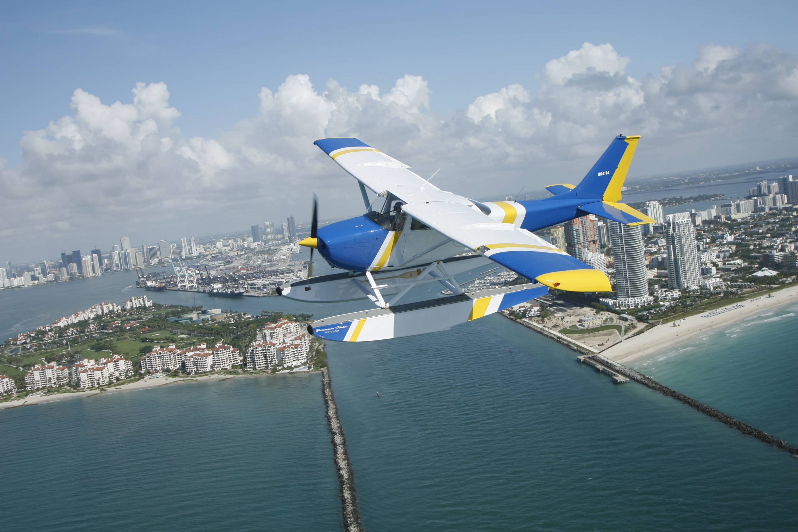 A seaplane glides over Miami.