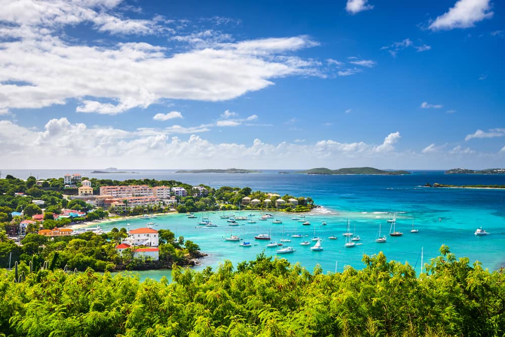 St. John in the U.S. Virgin Islands lush national park, and turquoise water 