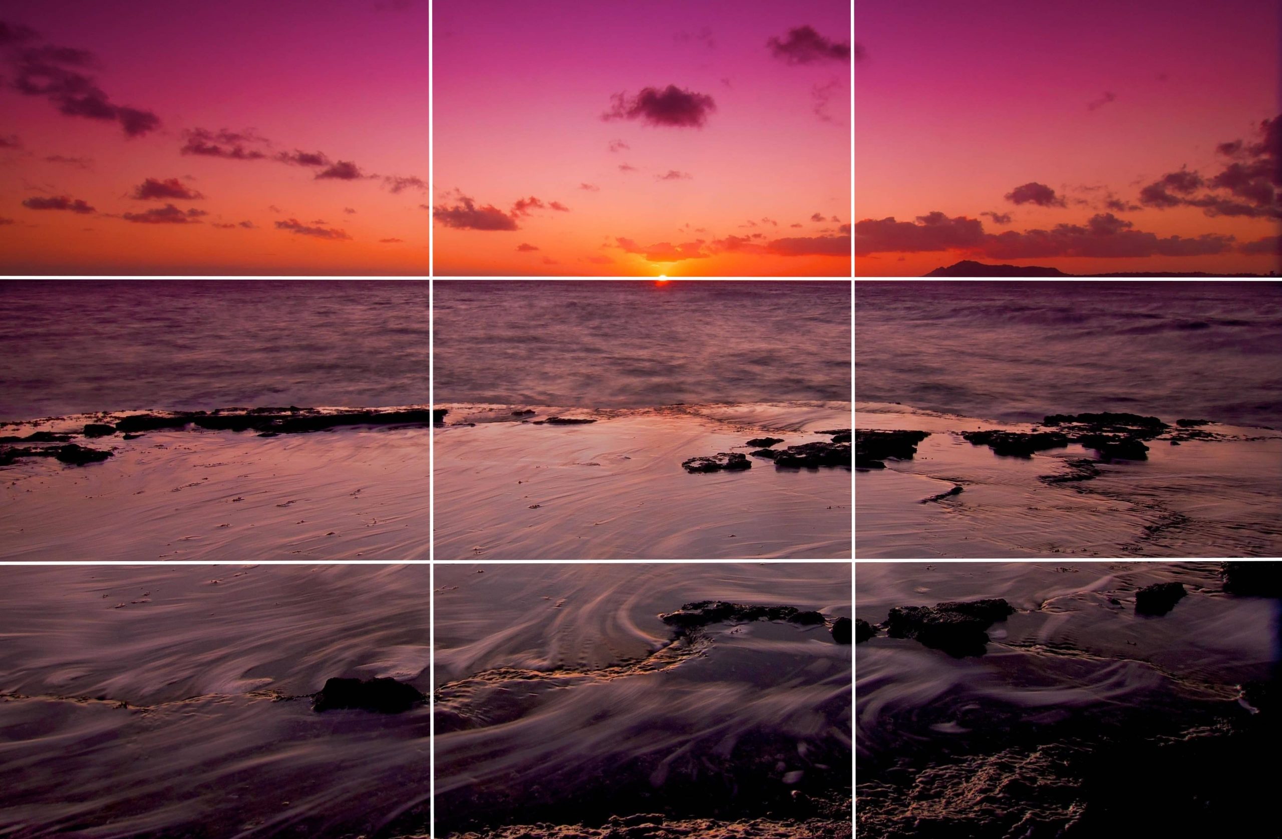 Sun setting over the water in Hawaii with rule of thirds grid overlay