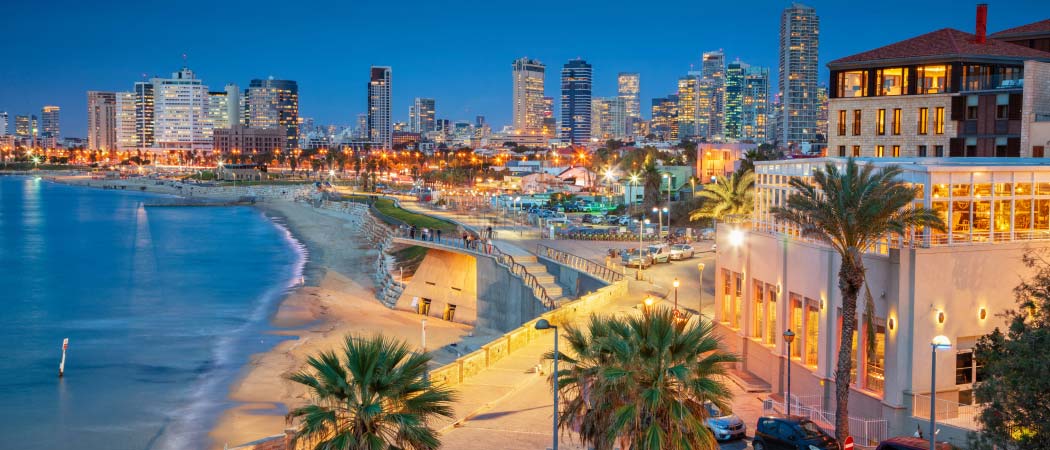 Nighttime city views of the lights of Tel Aviv