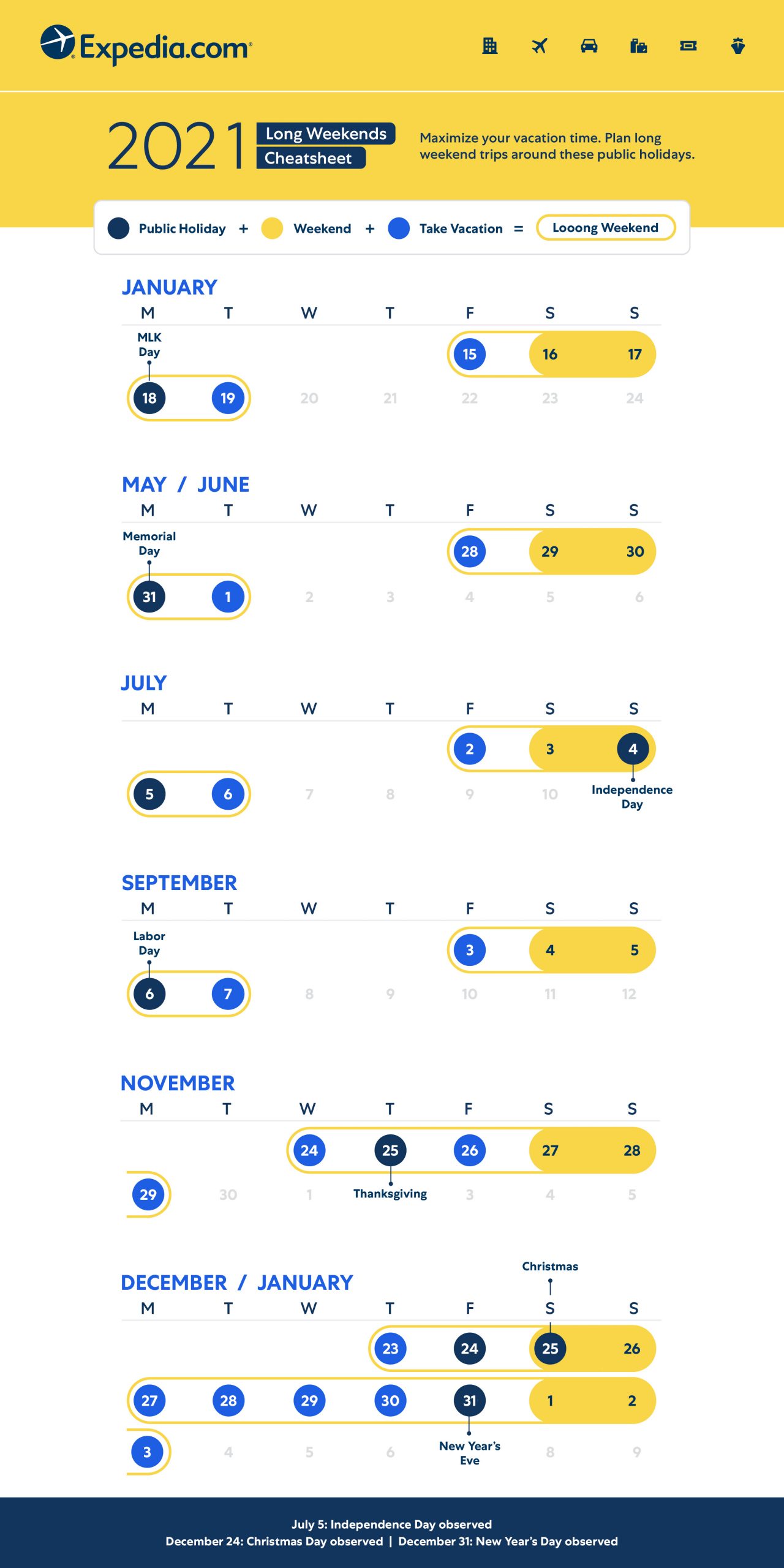 2021 Long Weekends Cheatsheet Infographic for US