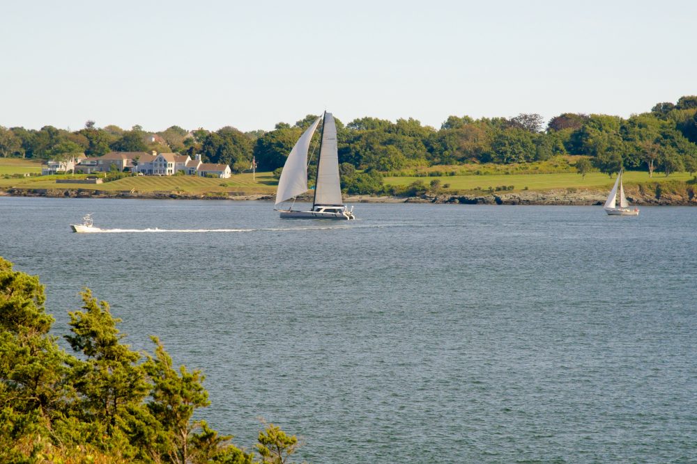 View of sailboats in the water at Fort Wetherill State Park