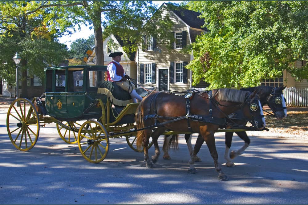 horse-drawn carriage driven by man in colonial costume in Williamsburg