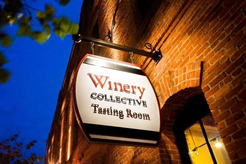 The sign outside the Winery Collective Tasting Room in San Francisco, California. 