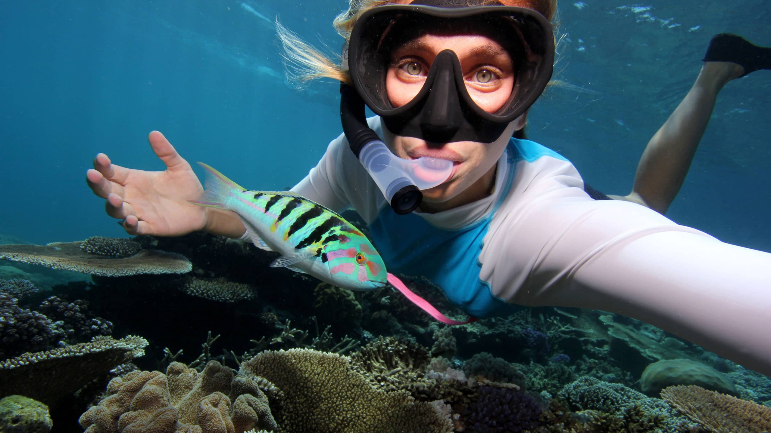 Young lady with colorful fish snorkeling in the Great Barrier Reef in Australia