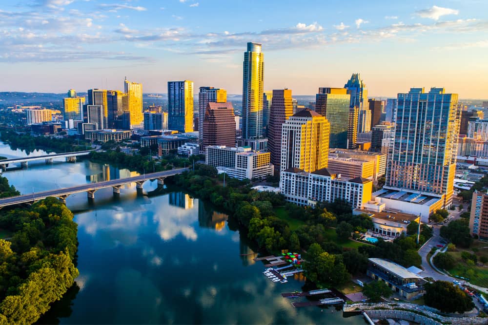 Downtown Austin and Lady Bird Lake at sunrise—a great place to stay during Austin City Limits.