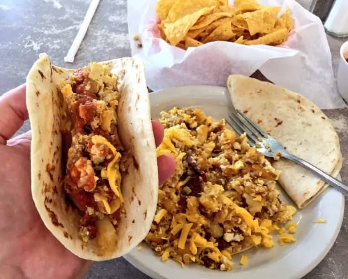 Juan in a Million's famous breakfast tacos are shown here with homemade tortillas and chips.