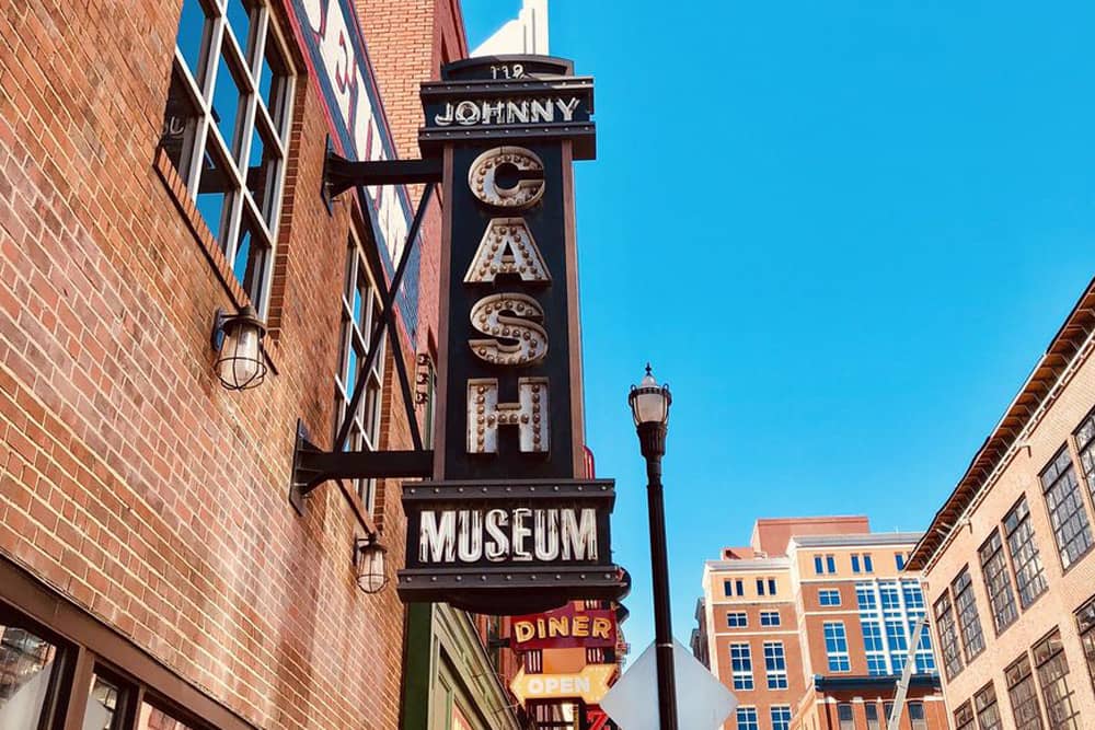 The historic lights outside Johnny Cash Museum, a must-stop for your Nashville bachelor party