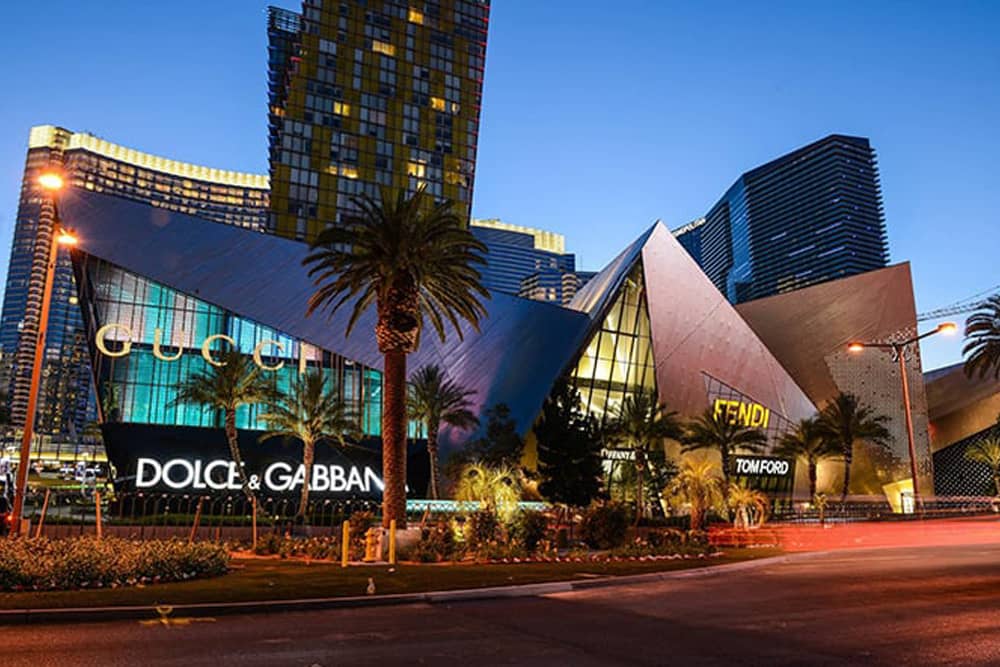 Outside view of The Shops at Crystal with signs that read Gucci and Fendi, a great place to go during your bachelorette party in Las Vegas. 