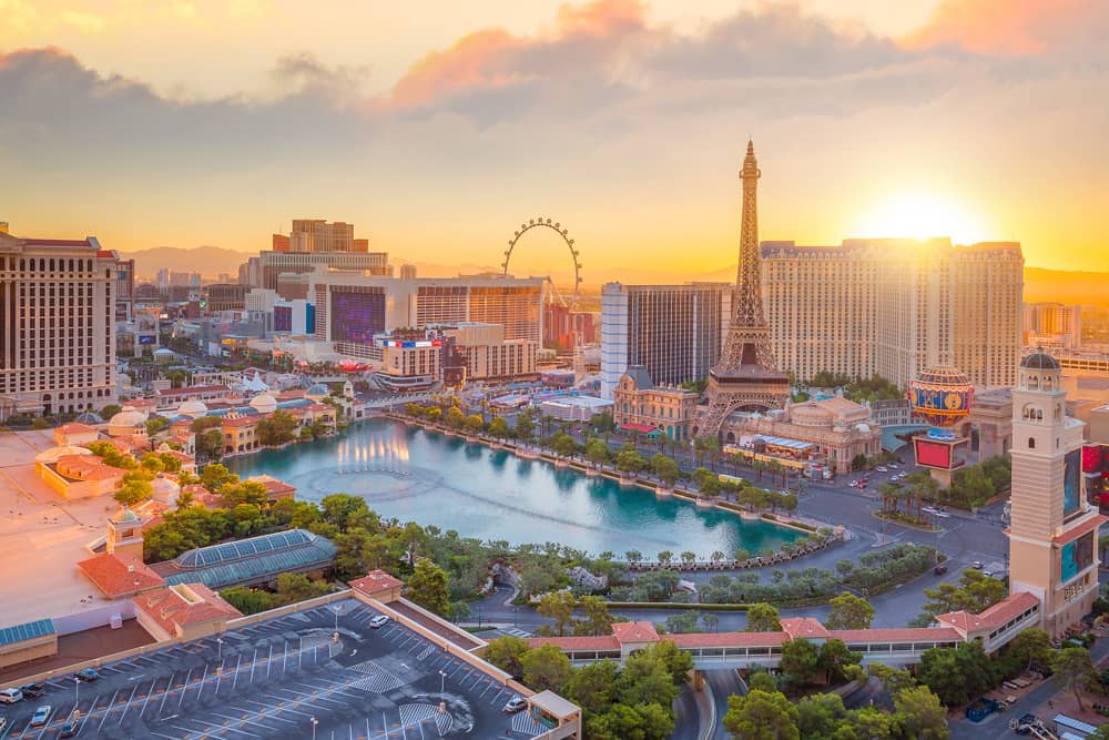 A nighttime view of the hotels and attractions that line the Strip in Las Vegas, a great place for a bachelorette party. 