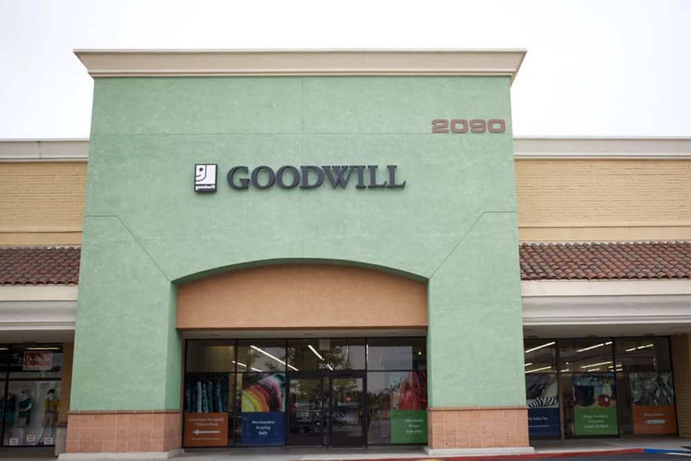 Outside sign and building of Goodwill, one of the best thrift stores in Anaheim.