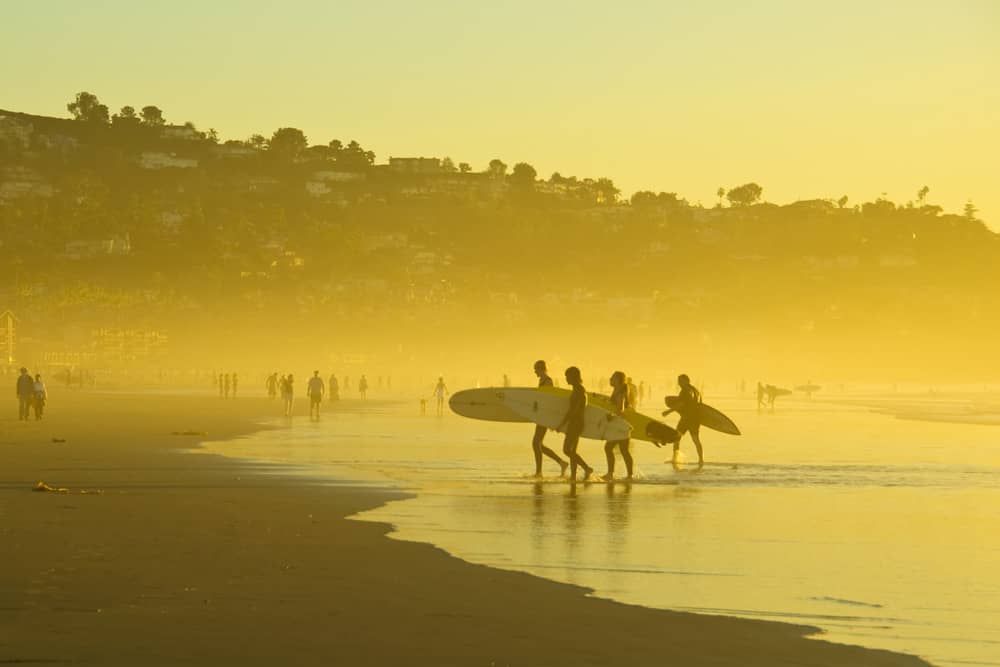 Surfers exiting water at Black's Beach San Diego.