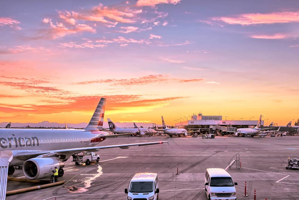 Seattle International Airport at sunset, where you'll fly in for Bumbershoot.