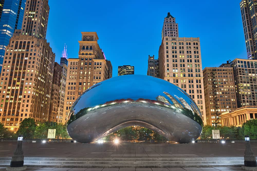 Cloud Gate (aka The Bean); Date Ideas in Chicago Cloud Gate at night - Chicago date ideas