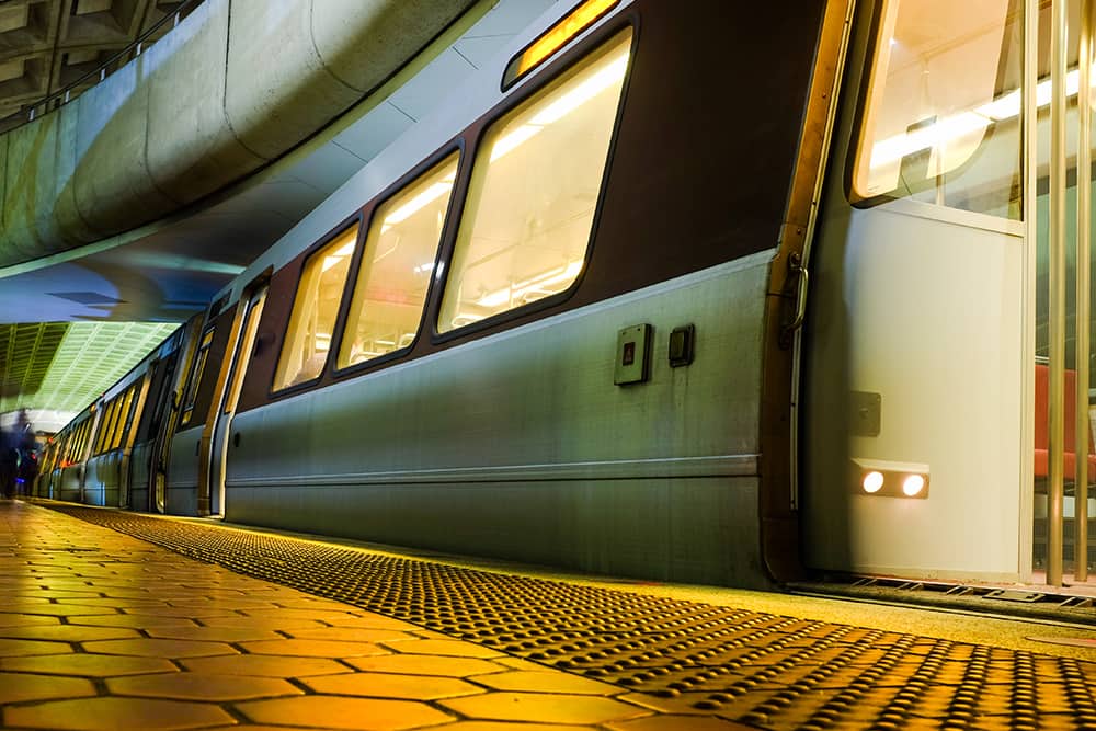 The Metro train waiting at the platform for passengers for the Cherry Blossom Festival in D.C. The Metro stopped at the platform waiting to pick up passengers for the Cherry Blossom Festival in D.C.