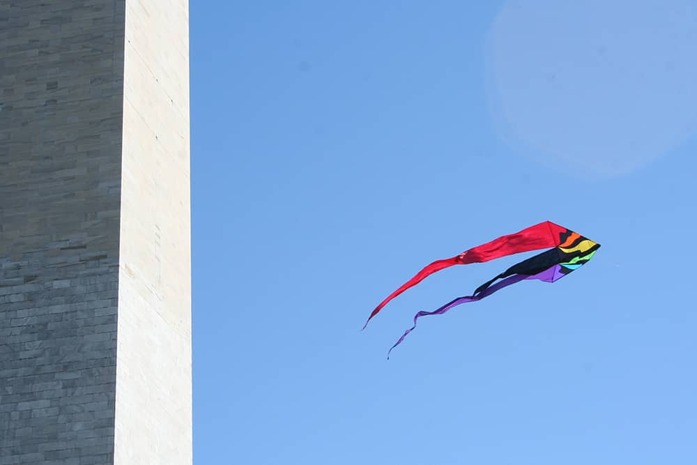 A single kite flies next to the Washington Monument as part of the Cherry Blossom Festival in D.C. celebrations. A kite flying next to the Washington Monument in the Kite Festival, a Cherry Blossom Festival event.