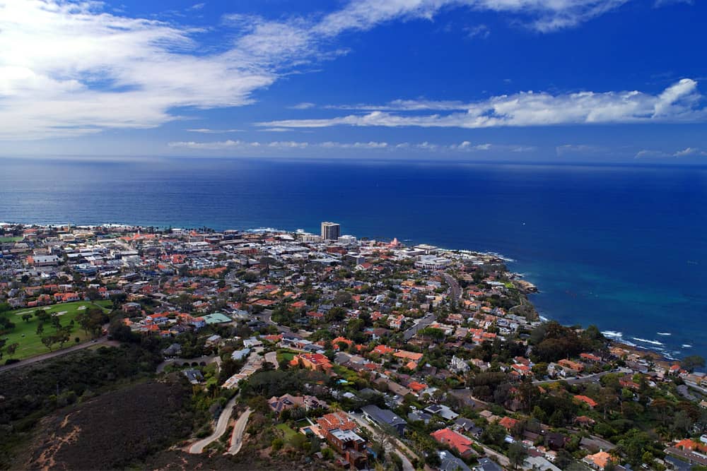 Downtown La Jolla, one of the closest places to stay when visiting Black's Beach. Aerial photo of downtown La Jolla, one of the top places to stay when visiting Black's Beach.