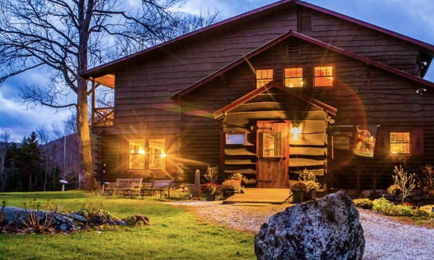 The beautiful wood cabin at the yoga retreat within Garnet Hill in New York.