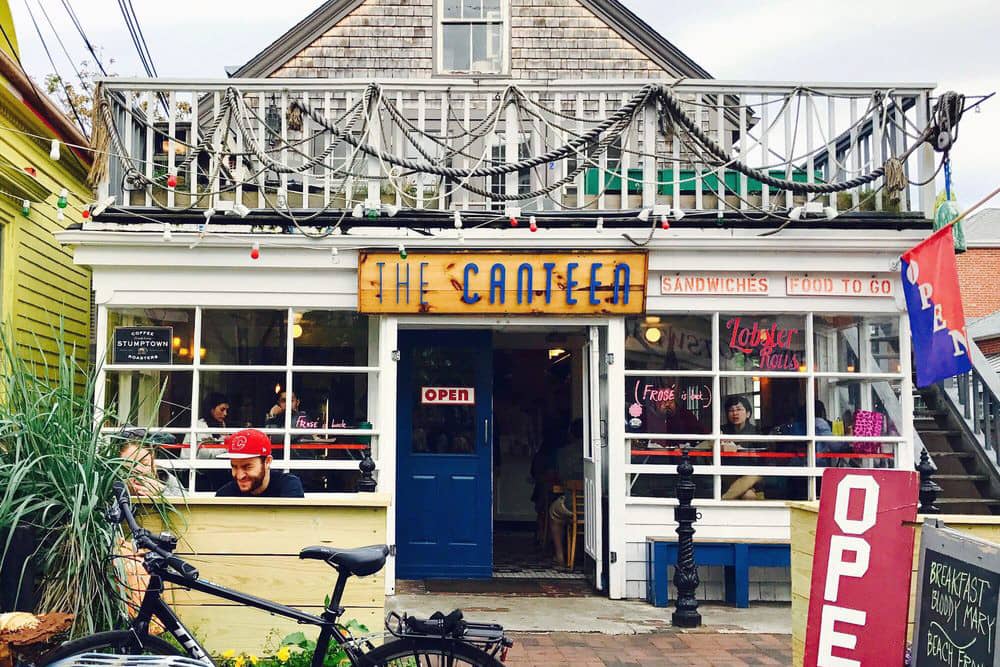 Nautical ropes decorate the balcony at The Canteen, a great place to eat during Provincetown Carnival.