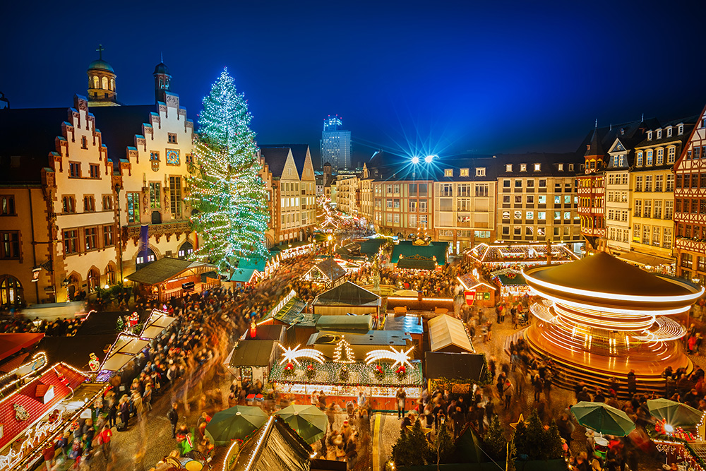 View of European Christmas market at night