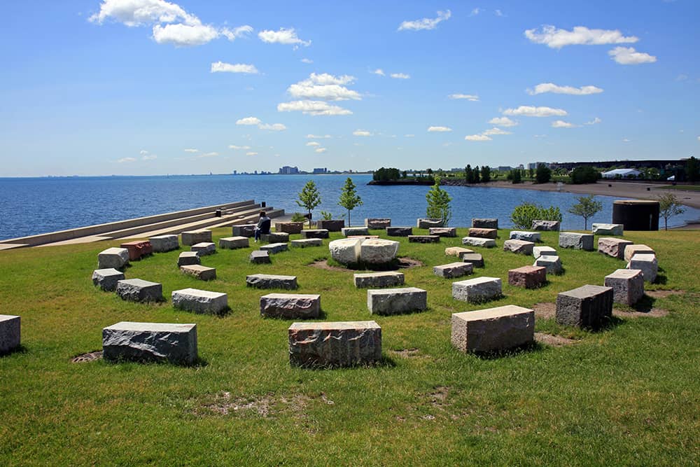 An outside seating area, overlooking the lake, at Alder Planetarium, which is a great attraction for children in Chicago.