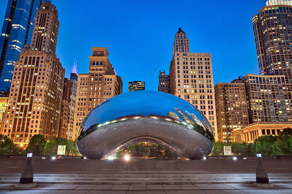 View of the famous Bean art installation, a great free attraction to see in Chicago with kids.