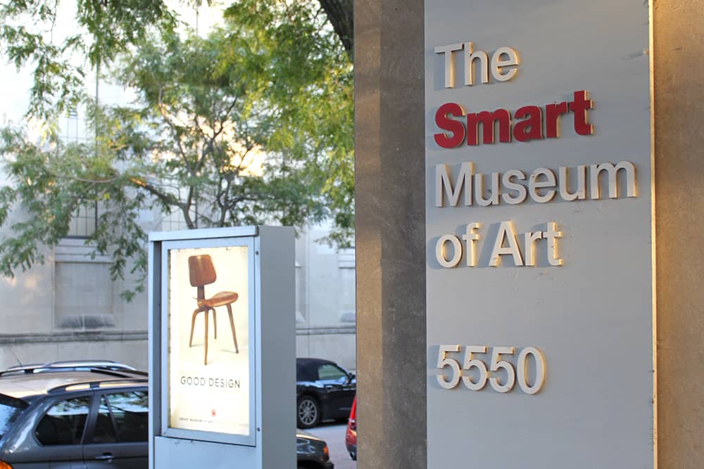 The sign outside of The Smart Museum of Art in Chicago, which is a great free thing to do in Chicago with kids.