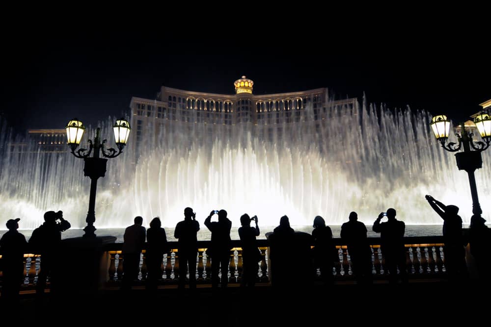 Crowd in front of the Bellagio Fountains water show--one of the top free activities for kids in Las Vegas.